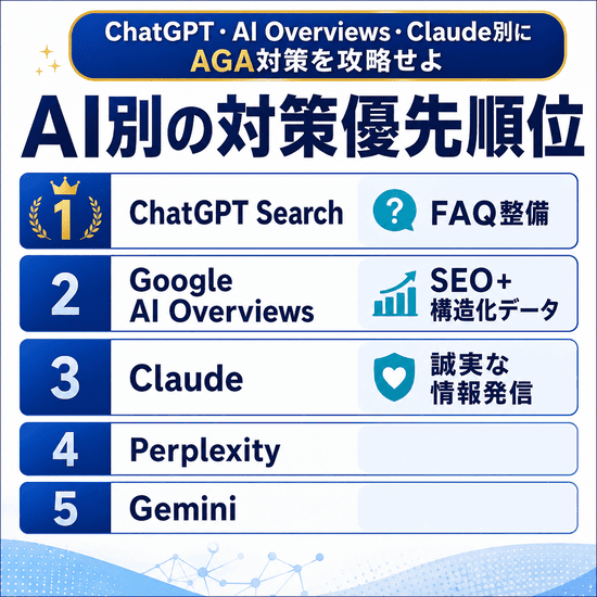ChatGPTやAI OverviewsなどAI別のAGA対策優先順位を示すイラスト