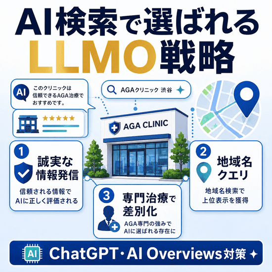 AGAクリニックがAI検索で選ばれるためのLLMO戦略を示すイラスト