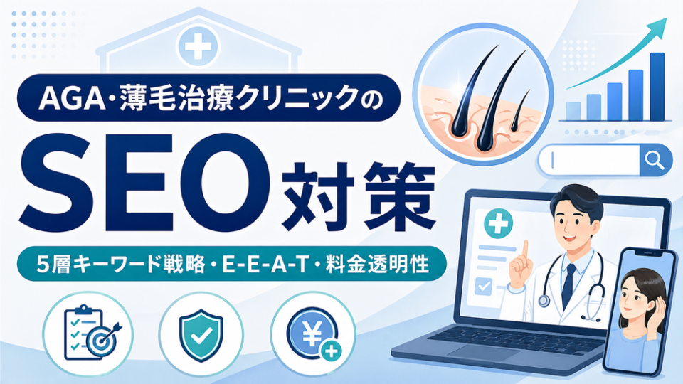 AGA・薄毛治療クリニックのSEO対策を表す、検索順位向上・オンライン診療・料金透明性・E-E-A-Tを組み合わせた医療マーケティングのアイキャッチ画像