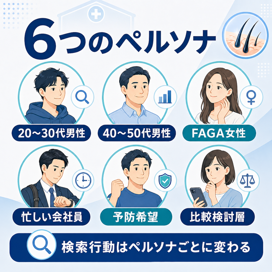 AGA治療を検索する20〜30代男性、40〜50代男性、FAGA女性、忙しい会社員、予防希望者、比較検討層の6つのペルソナ図解