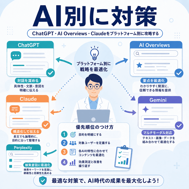 ChatGPTやAI OverviewsなどAIプラットフォーム別の対策方針を示したイラスト