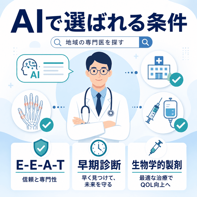 AI検索でリウマチ・膠原病科が地域の専門医として選ばれる条件を示したイラスト