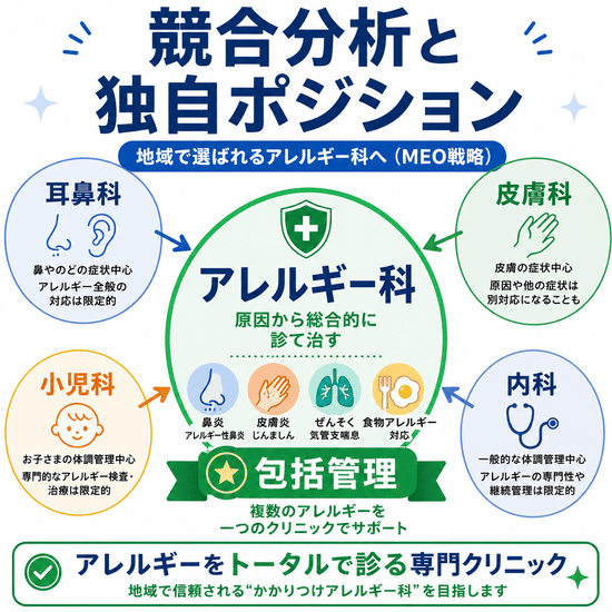 アレルギー科が耳鼻科・皮膚科・小児科・内科と差別化し包括管理を訴求する図