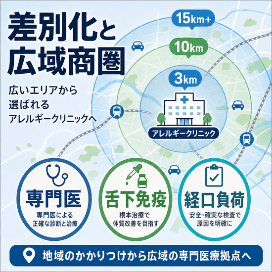 アレルギー科クリニックが差別化と広域商圏で集患する戦略を示した図