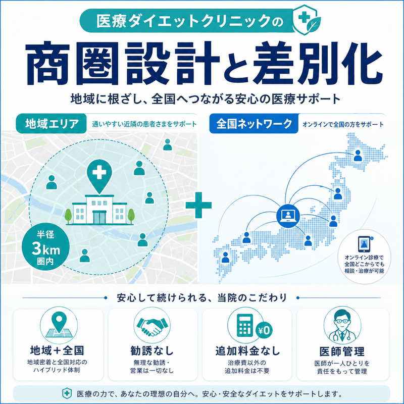 地域商圏とオンライン全国対応を組み合わせた差別化戦略を示す図