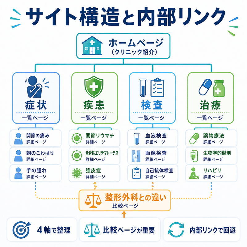 症状・疾患・検査・治療の4軸で構成するサイト構造と内部リンク戦略のイラスト
