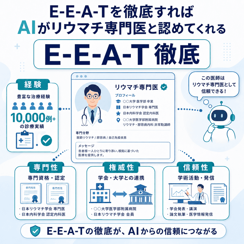 E-E-A-Tの徹底によりAIからリウマチ専門医として信頼される要素を示したイラスト