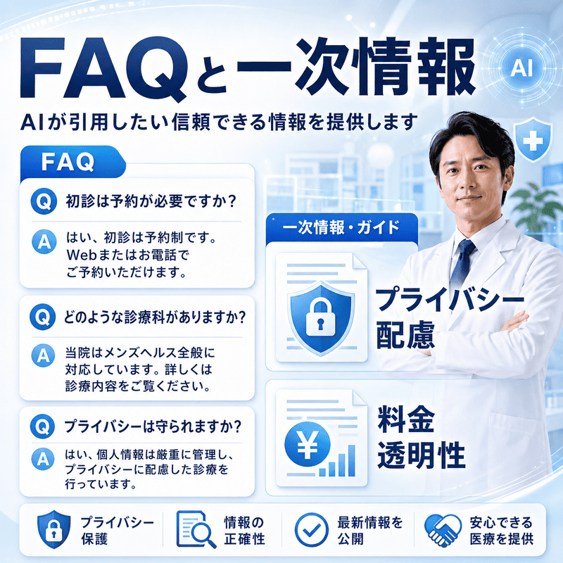 FAQと一次情報を整備し、AIが引用しやすい信頼できる医療情報を作る流れを示した図