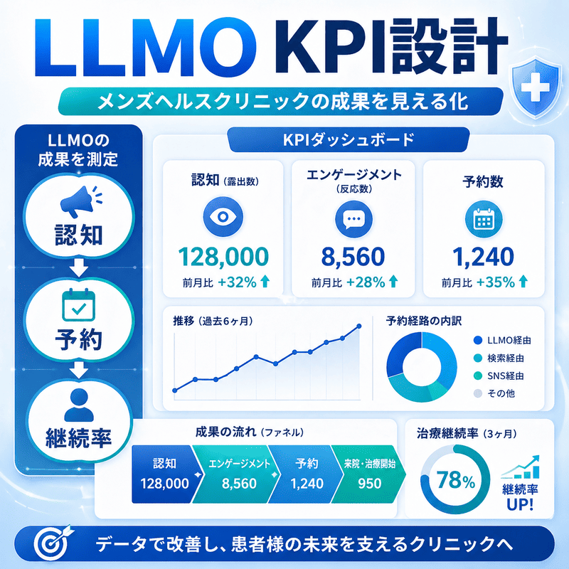 メンズヘルスクリニックのLLMO対策における認知・予約・継続率などのKPI設計を示した図