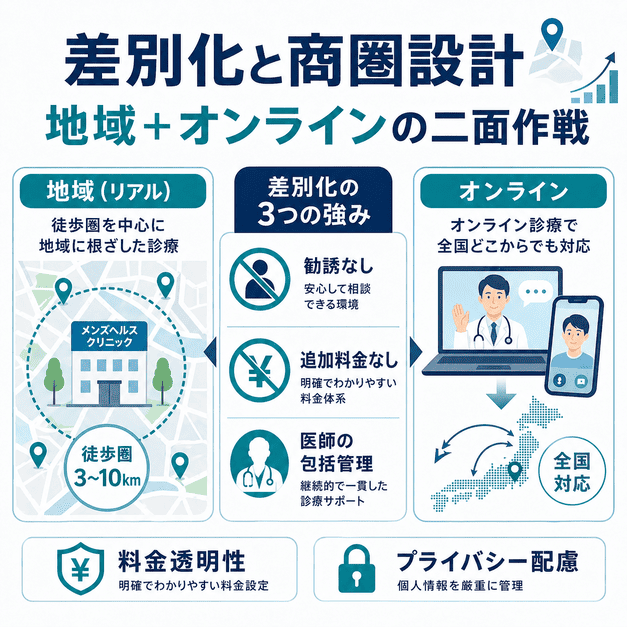 徒歩圏とオンライン診療を組み合わせた商圏設計と差別化ポイントを示した図