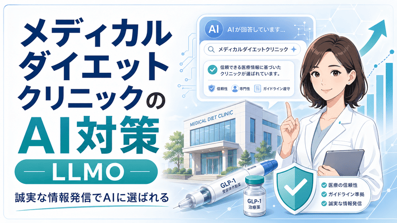 メディカルダイエットクリニックのAI対策とLLMOを表す医師・AI検索・GLP-1・信頼性のアイキャッチ画像