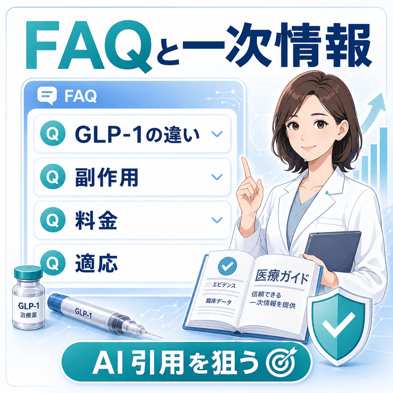GLP-1の違い・副作用・料金・適応をFAQと一次情報で整理しAI引用を狙うイラスト