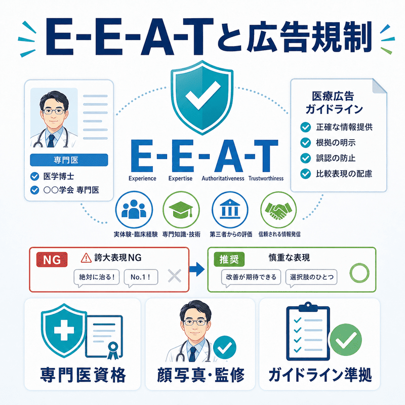 E-E-A-Tと医療広告ガイドラインを意識したコンテンツ設計を示すイラスト