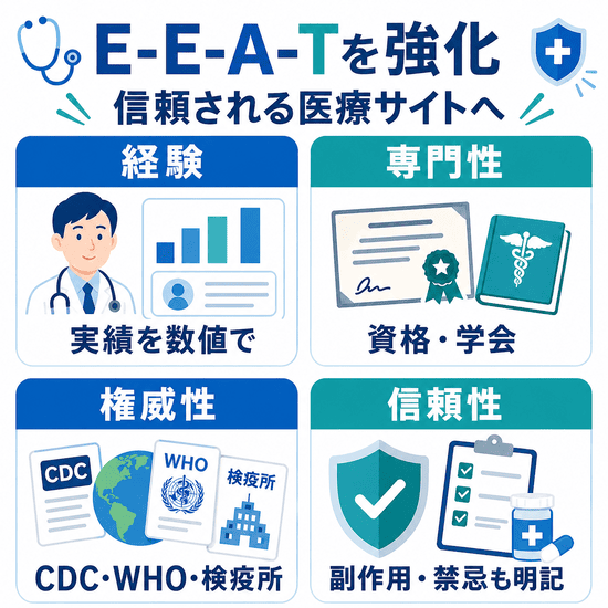 経験・専門性・権威性・信頼性でE-E-A-Tを強化する医療サイト設計の図