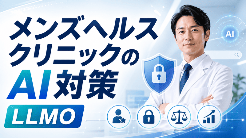 メンズヘルスクリニックのLLMO対策を、AI検索・プライバシー保護・専門医の信頼性で表現したアイキャッチ画像