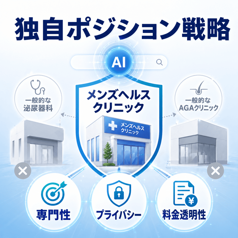 メンズヘルスクリニックがAI検索で選ばれるための独自ポジション戦略を示した図