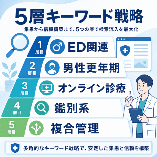 ED関連、男性更年期、オンライン診療、鑑別系、複合管理の5層キーワード戦略を示したイラスト