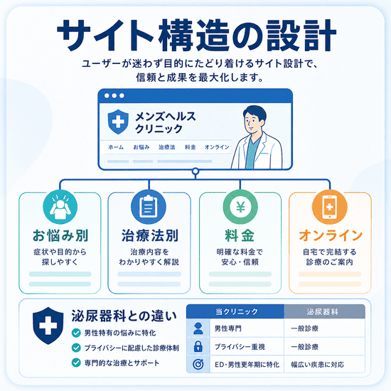 お悩み別、治療法別、料金、オンライン診療、泌尿器科との違いを整理したサイト構造のイラスト