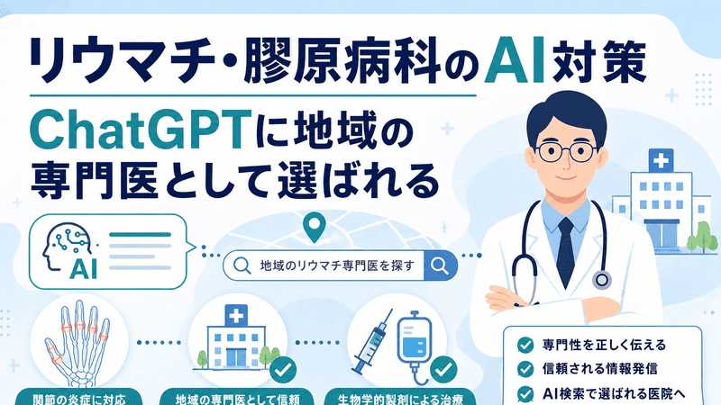 リウマチ・膠原病科クリニックがAI検索で地域の専門医として選ばれる仕組みを示したアイキャッチ画像