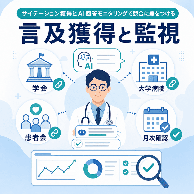 学会や大学病院からの言及獲得とAI回答のモニタリングを示したイラスト