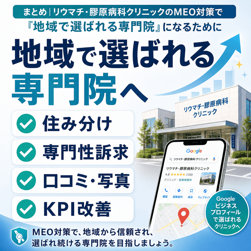 リウマチ・膠原病科クリニックが地域で選ばれる専門院を目指すためのMEO対策の要点をまとめた図