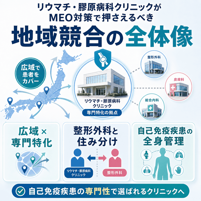 リウマチ・膠原病科クリニックが広域商圏で専門性を打ち出し、整形外科や内科と住み分ける考え方を示した図