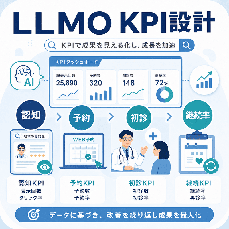 リウマチ・膠原病科のLLMO専用KPIと効果測定の流れを示したイラスト