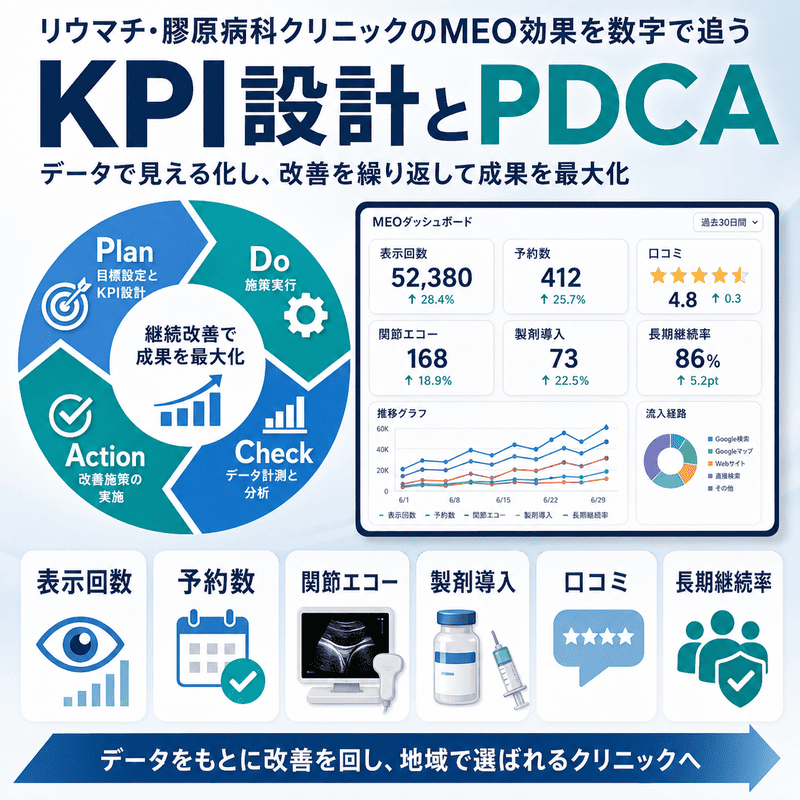 表示回数、予約数、関節エコー、製剤導入、口コミ、長期継続率を追うKPI設計とPDCAを示した図