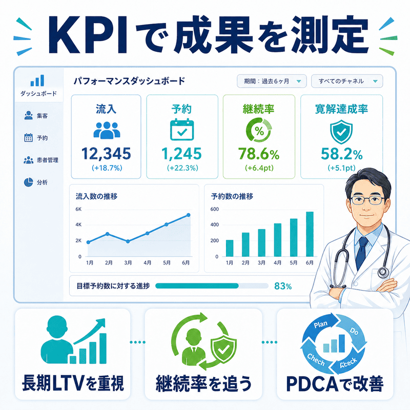 流入・予約・継続率・寛解達成率などのKPIをダッシュボードで測定するイラスト