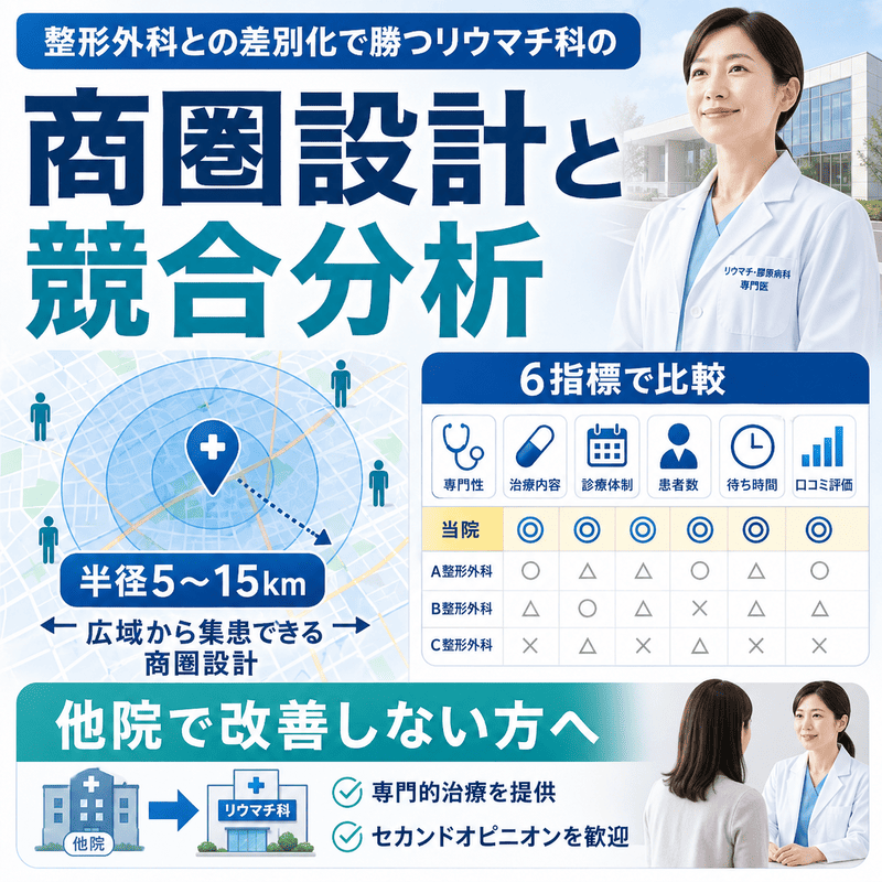半径5〜15kmの広域商圏設計と競合クリニックを6指標で比較する考え方を示した図