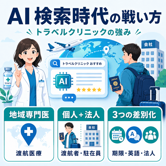 AI検索時代にトラベルクリニックが地域専門医として選ばれる仕組みを示すイラスト