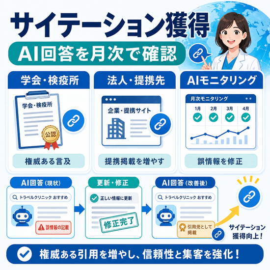 サイテーション獲得とAI回答モニタリングで信頼性を高める方法を示すイラスト
