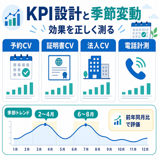 予約CV・証明書CV・法人CV・電話計測と季節変動を示すKPI設計の図