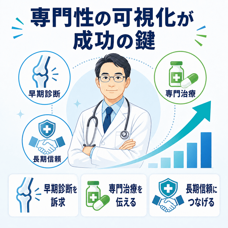 早期診断・専門治療・長期信頼を通じて専門性を可視化する重要性を示したイラスト