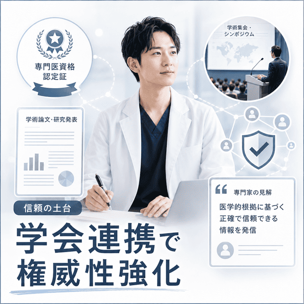 美容外科クリニックが学会連携や研究発表を通じてX上の権威性を高める様子を示したイラスト