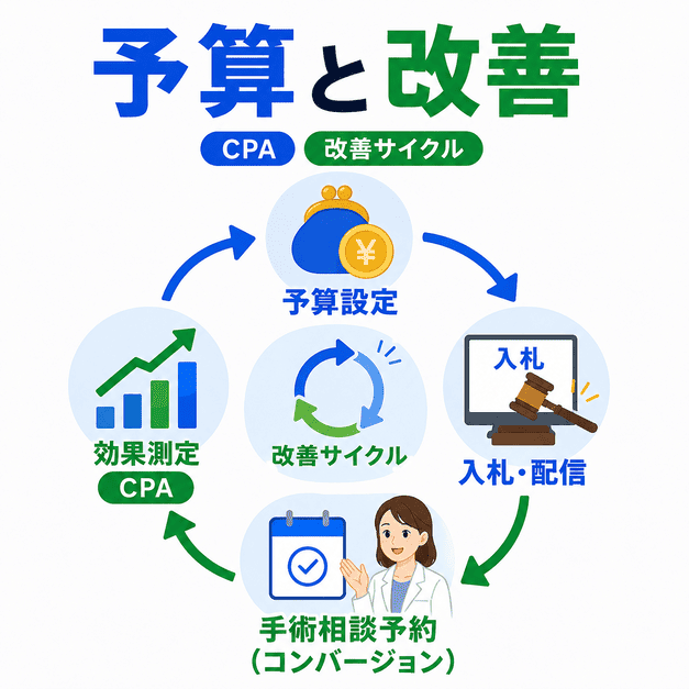 形成外科広告の予算設定、入札、CPA測定、手術相談予約を改善サイクルで回す流れを示したイラスト