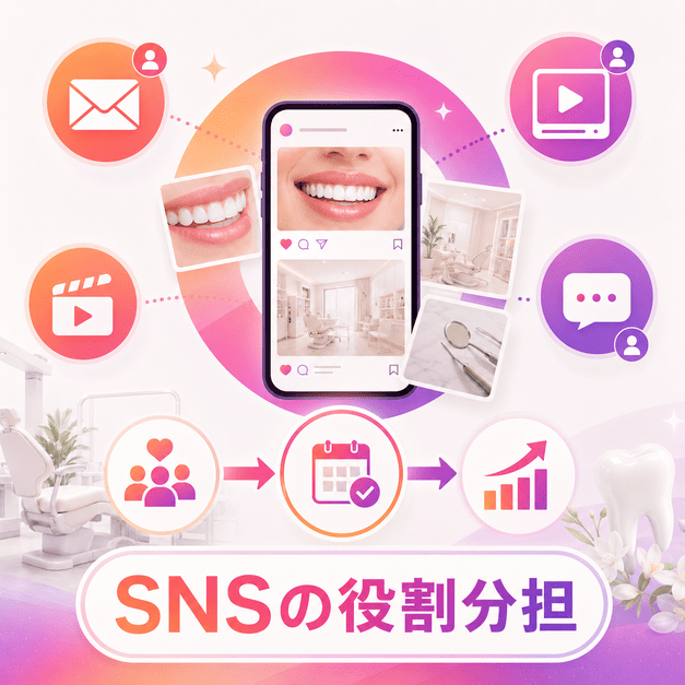 審美歯科のInstagram運用を中心に、SNSごとの役割分担と予約・成長導線を示したイラスト