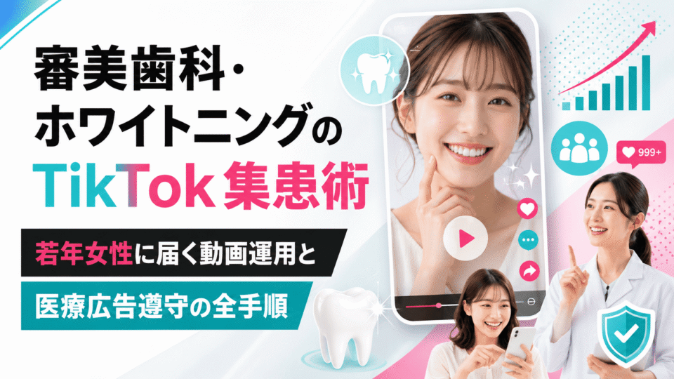 審美歯科・ホワイトニングクリニックがTikTokで若年女性に情報発信し、医療広告を遵守しながら集患につなげるイメージ