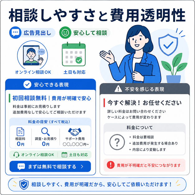 AGA広告で相談しやすさと費用の透明性を伝え、安心して問い合わせにつなげる広告表現を示したイラスト