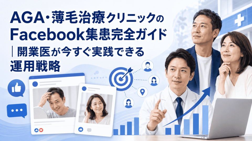 AGA・薄毛治療クリニックのFacebook集患戦略を、医師・中高年患者・SNS投稿・分析グラフで表現したアイキャッチ画像