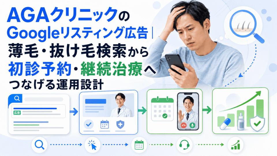 AGAクリニックのGoogleリスティング広告で薄毛・抜け毛検索から初診予約や継続治療へつなげる運用設計を表した画像