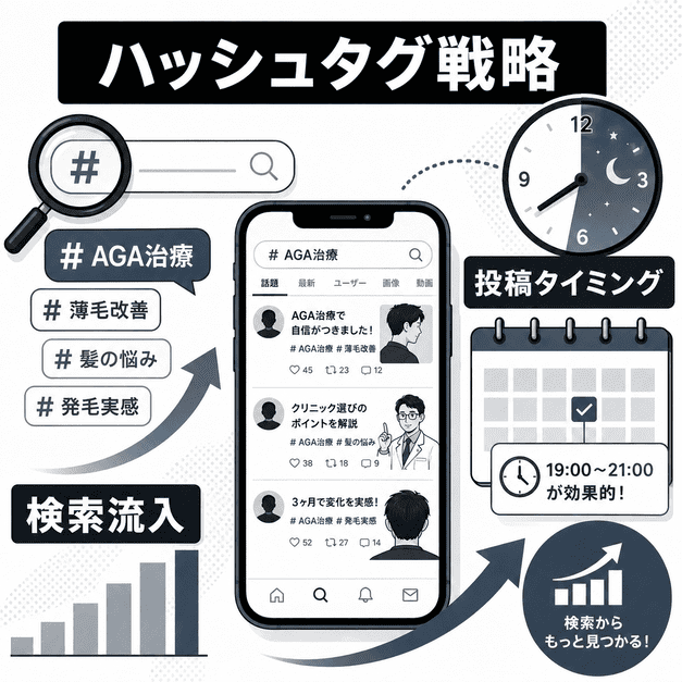 AGA治療に関するハッシュタグ設計と投稿タイミングで検索流入を伸ばす運用を示したイラスト