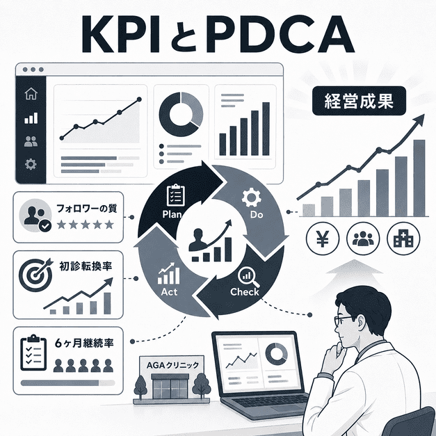 AGAクリニックのX集患をKPIとPDCAで改善し、経営成果につなげるダッシュボード型イラスト