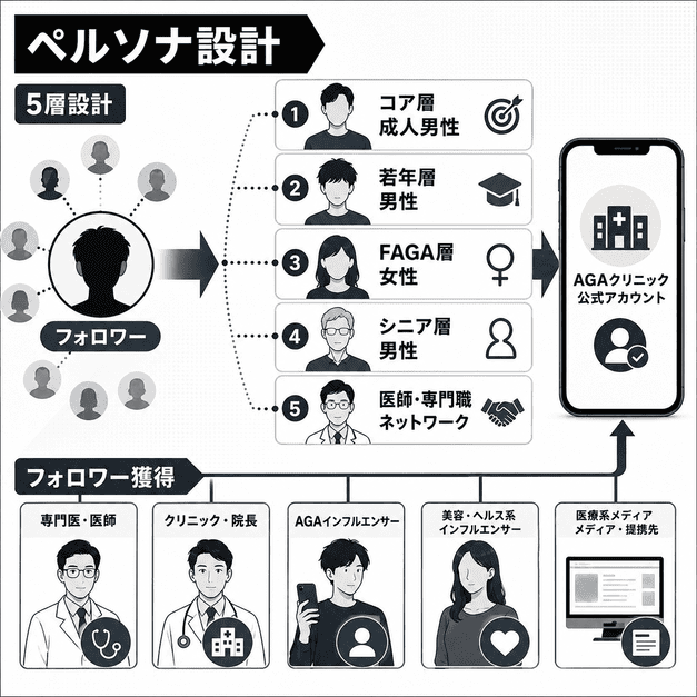AGA治療の五層ペルソナとフォロワー獲得経路から見込み患者化する流れを示したイラスト