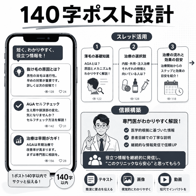 140字ポストやスレッドを活用してAGA治療情報への信頼を高める投稿設計を示したイラスト