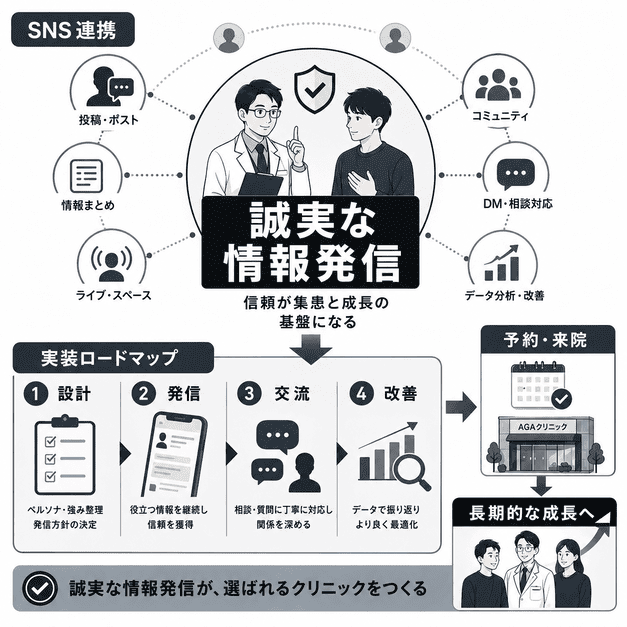誠実な情報発信、SNS連携、実装ロードマップによってAGAクリニックの長期成長につなげるまとめイラスト