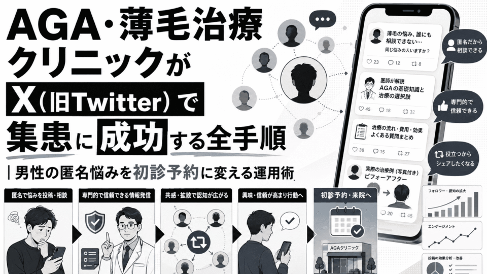 AGA・薄毛治療クリニックがXで男性の匿名悩みを初診予約につなげる運用手順を示したアイキャッチ画像