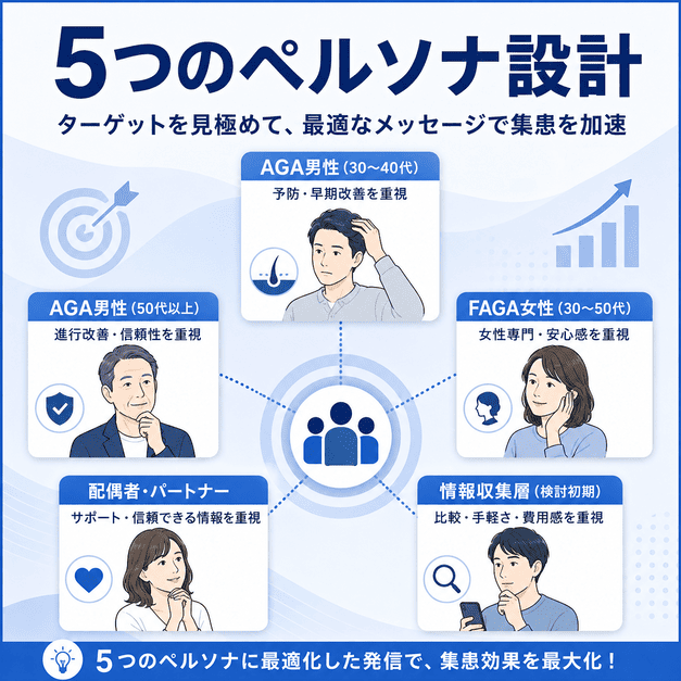AGA男性、FAGA女性、配偶者、情報収集層など5つのペルソナを整理したFacebook集患向けの設計イラスト