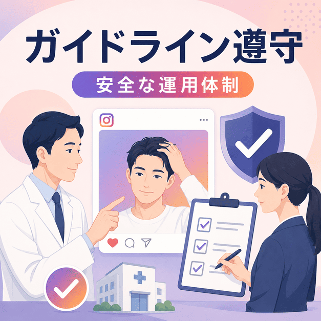 医療広告ガイドラインとInstagramポリシーを確認しながら安全に運用する体制のイラスト