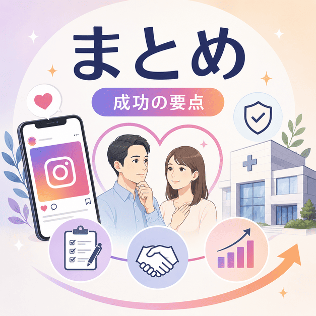 AGA・薄毛治療クリニックのInstagram集患で重要な信頼構築、導線設計、改善運用をまとめたイラスト